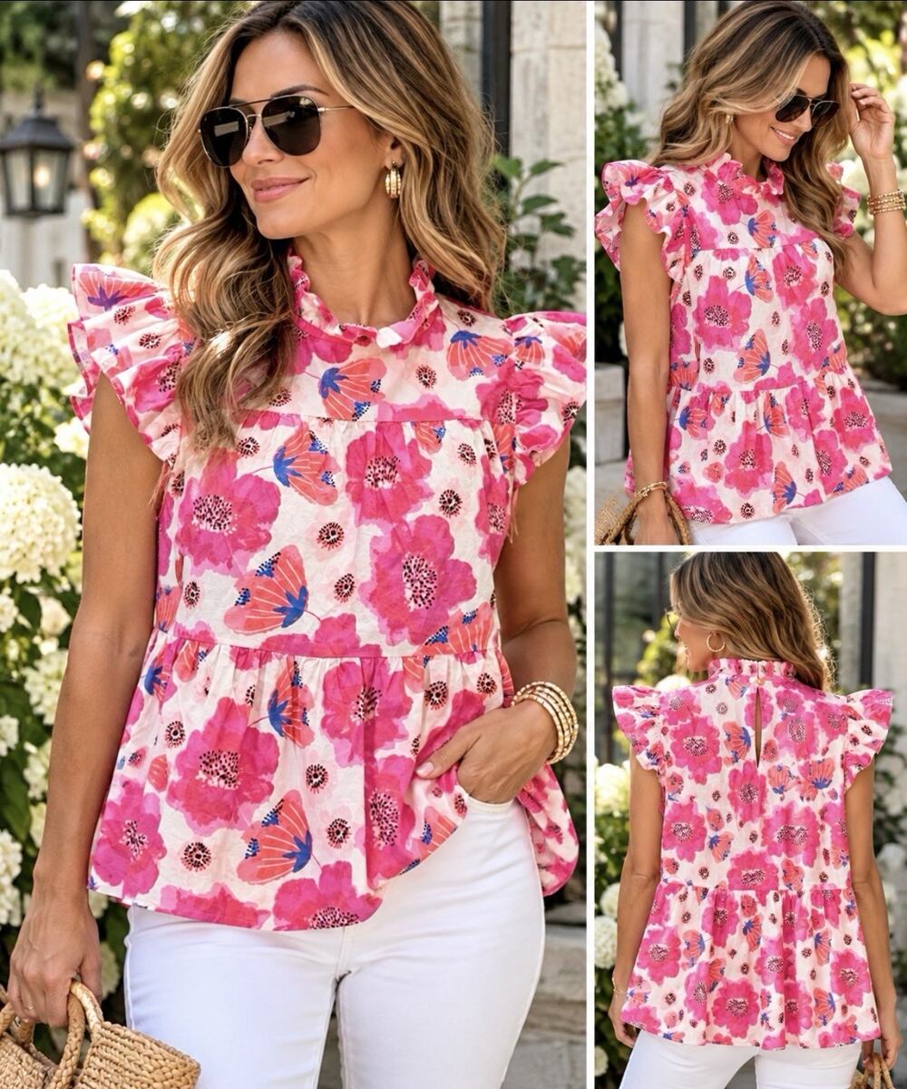 JODIFL Womens Pink Floral Blouse Ruffle Neck Flutter Sleeve Boho Cottagecore